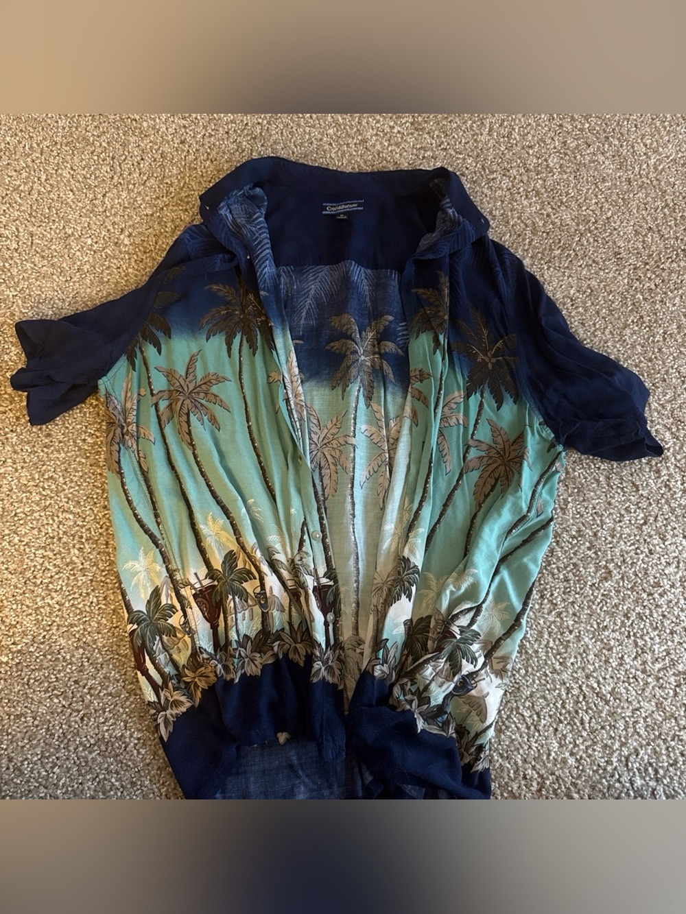 Tropical Palm Print Button-Front Top - Navy & Teal